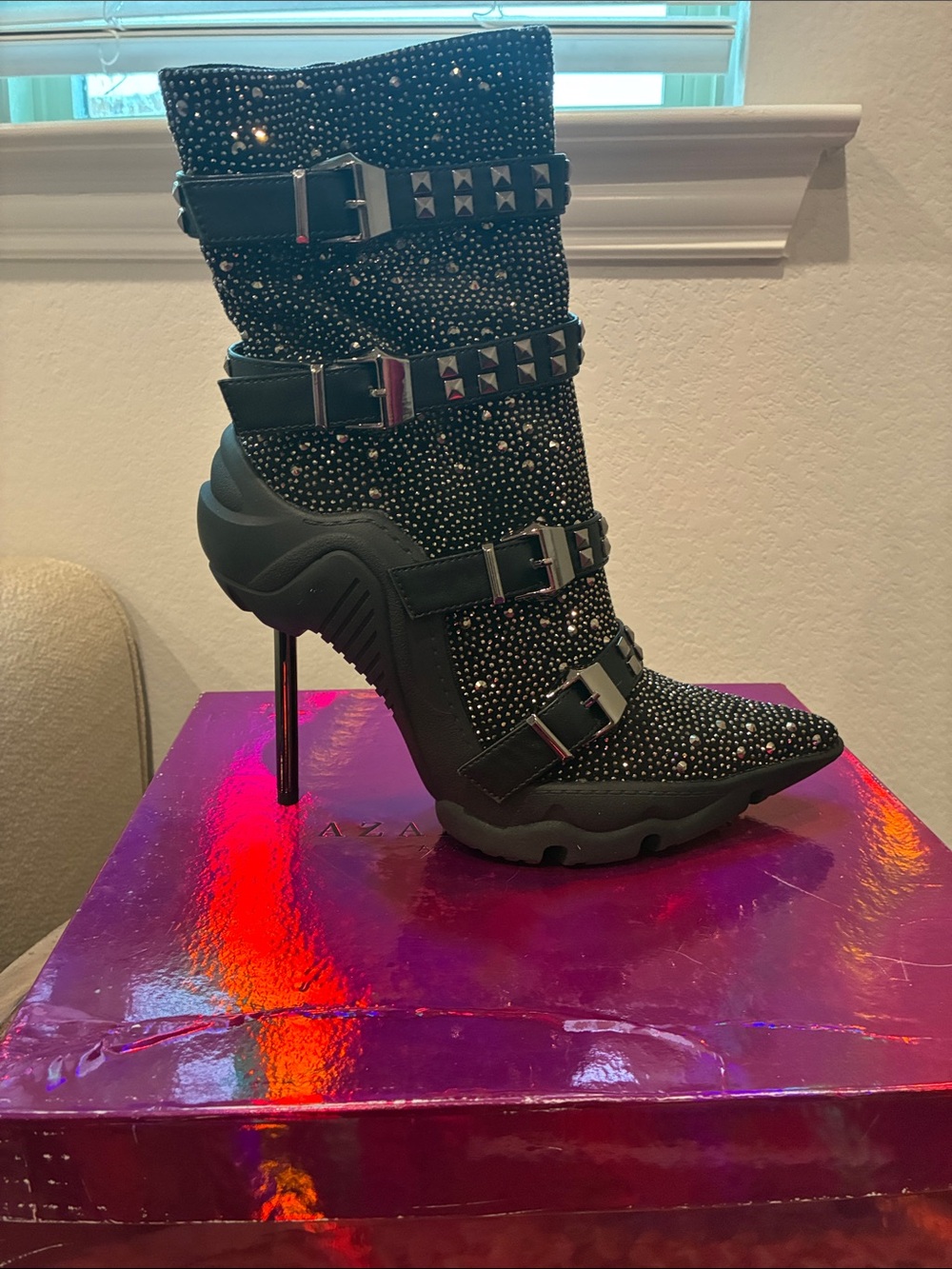 Crystal-Embellished Black High-Heel Buckle Boot